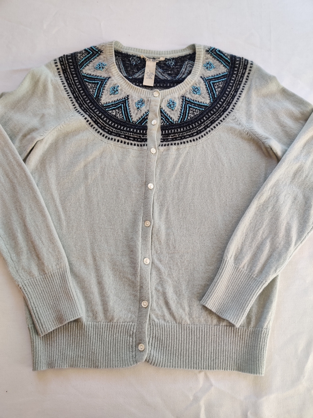 Lucky Brand Light Blue Embroidered Yoke Cardigan Sweater